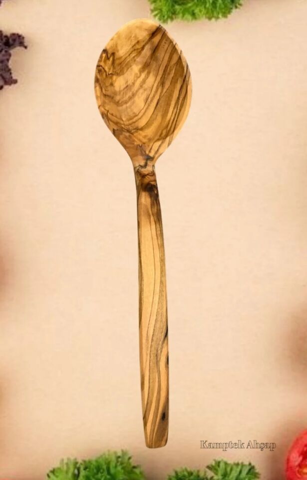 Kamptek Ahşap Doğal Zeytin Ağacından Büyük Yemek Karıştırma Kaşığı 29 cm