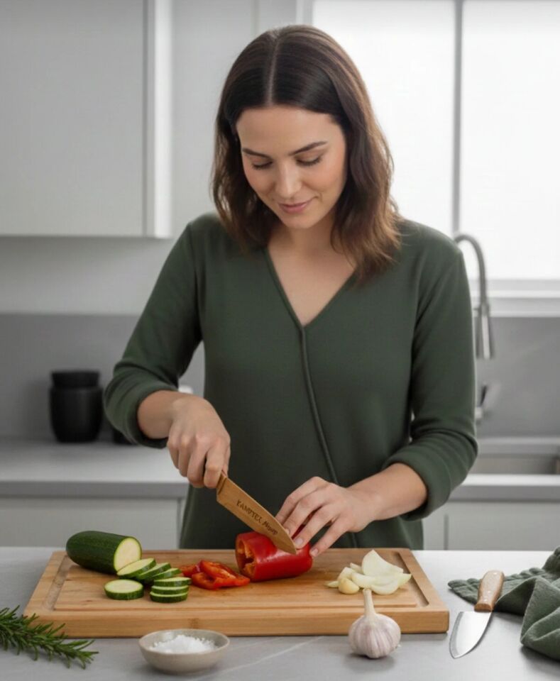 Kamptek Ahşap Saplı Zeytin Ağacından Sebze Kahvaltı Yemek Bıçağı Doğal 21 cm