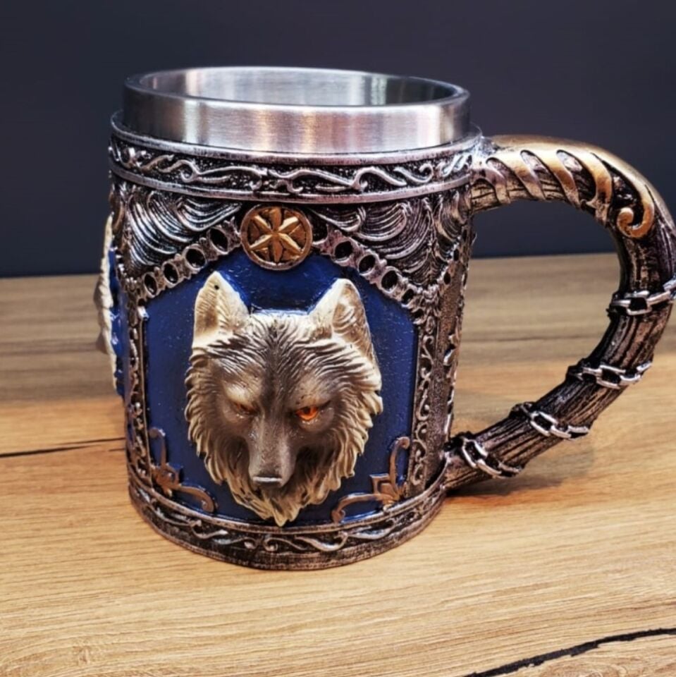Paslanmaz Çelik Büyük Boy Kulplu Kurt Tasarım Kupa Bardak