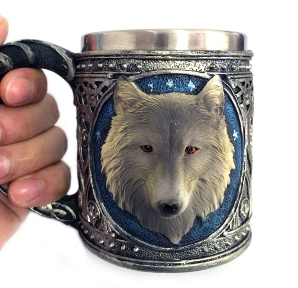 Paslanmaz Çelik Büyük Boy Kulplu Kurt Tasarım Kupa Bardak