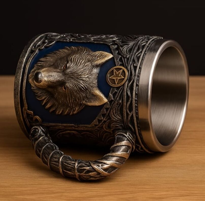 Paslanmaz Çelik Büyük Boy Kulplu Kurt Tasarım Kupa Bardak