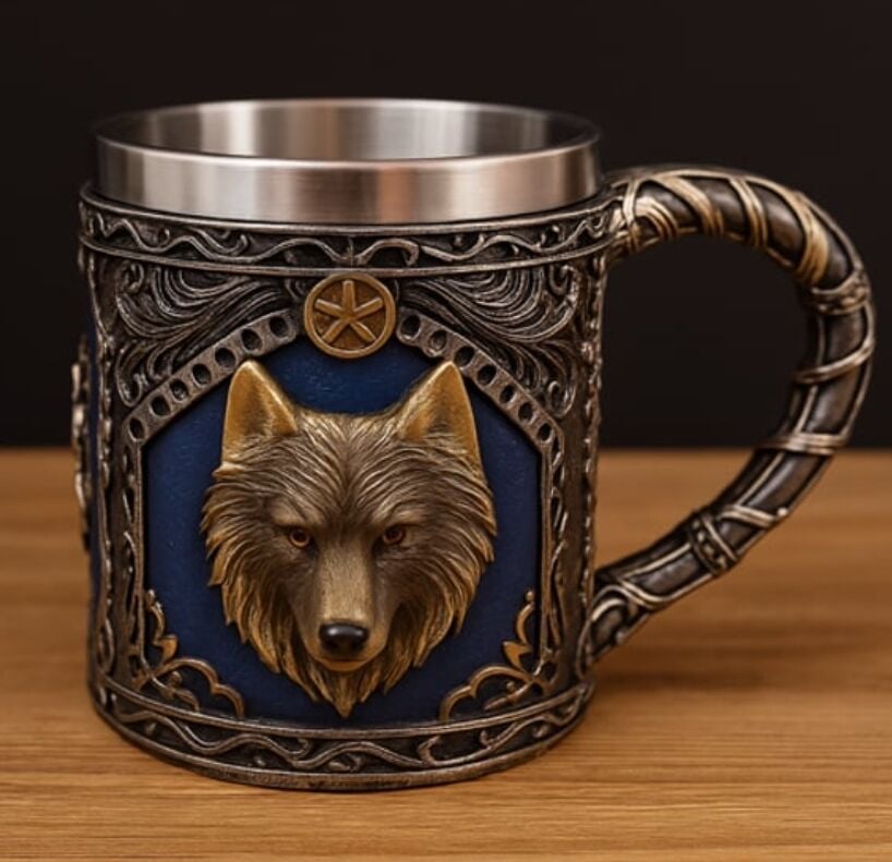 Paslanmaz Çelik Büyük Boy Kulplu Kurt Tasarım Kupa Bardak