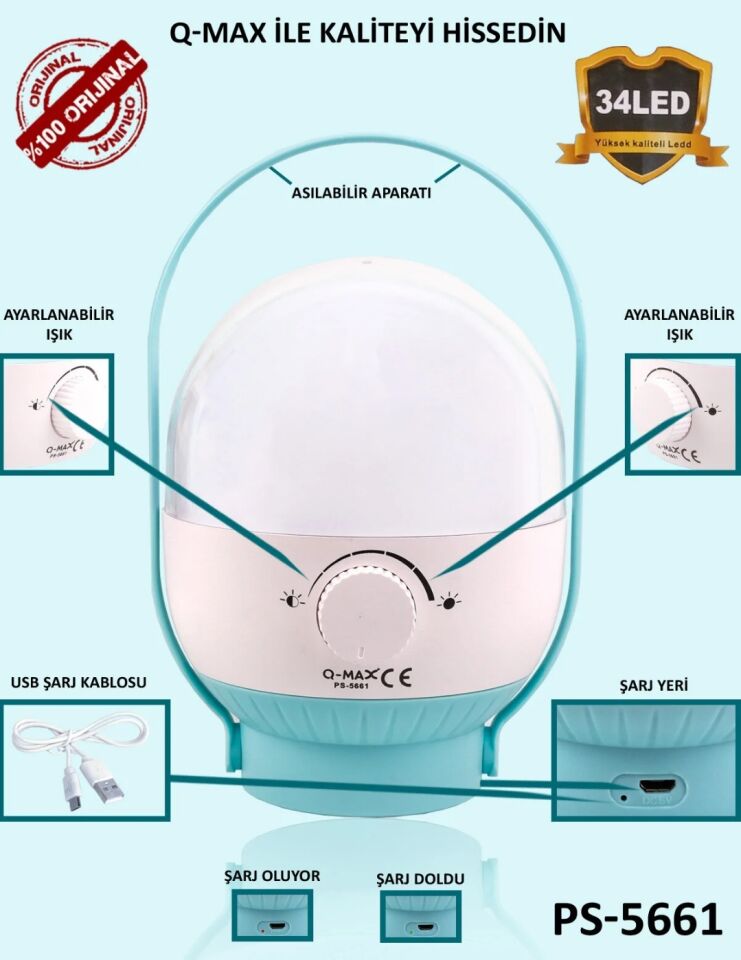 Fener Şarjlı Kamp Tipi Kamp Çadır Aydınlatma Lamba 34 Led