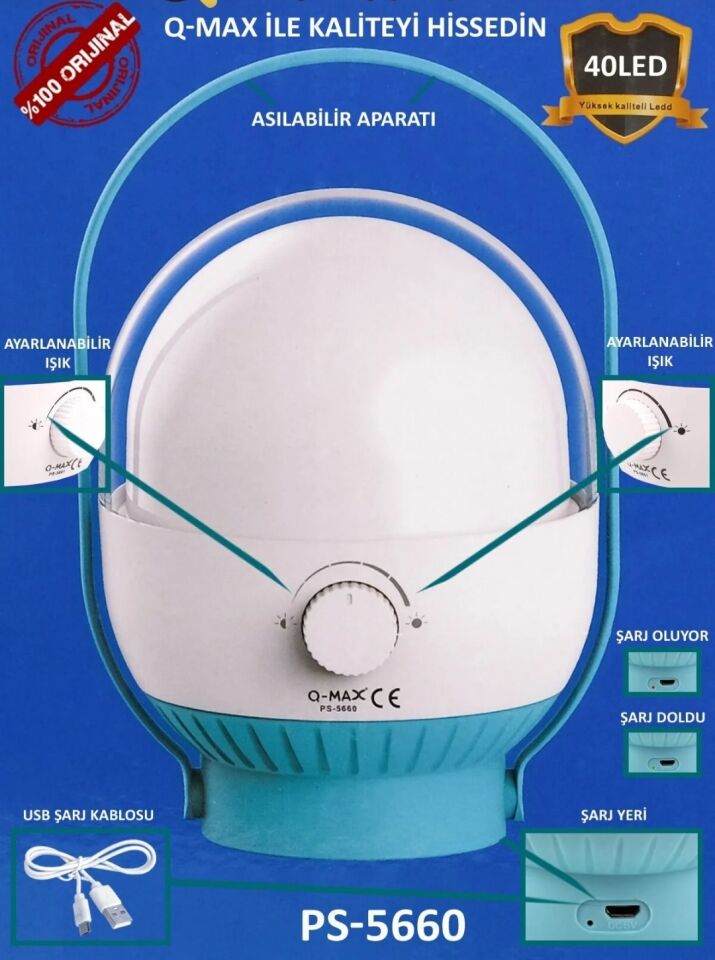 Fener Şarjlı Kamp Tipi Kamp Çadır Aydınlatma Lamba 34 Led