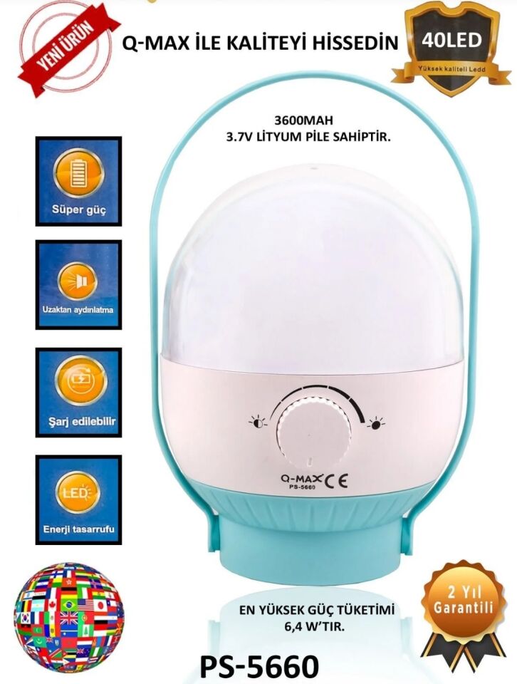 Fener Şarjlı Kamp Tipi Kamp Çadır Aydınlatma Lamba 34 Led