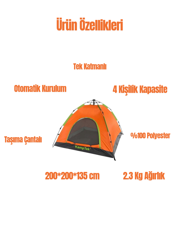 Kamp Doğa Deprem Çadırı Otomatik Kurulum Tek Katmanlı 4 Kişilik Çadır Turuncu