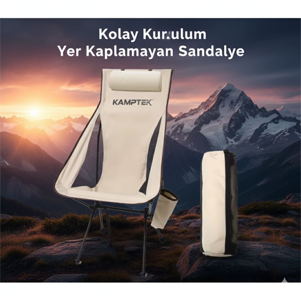 Katlanabilir Taşınabilir Baş Destekli Hafif ve Dayanıklı Kamp Balıkçı Doğa Sandalyesi Lüx1 Krem