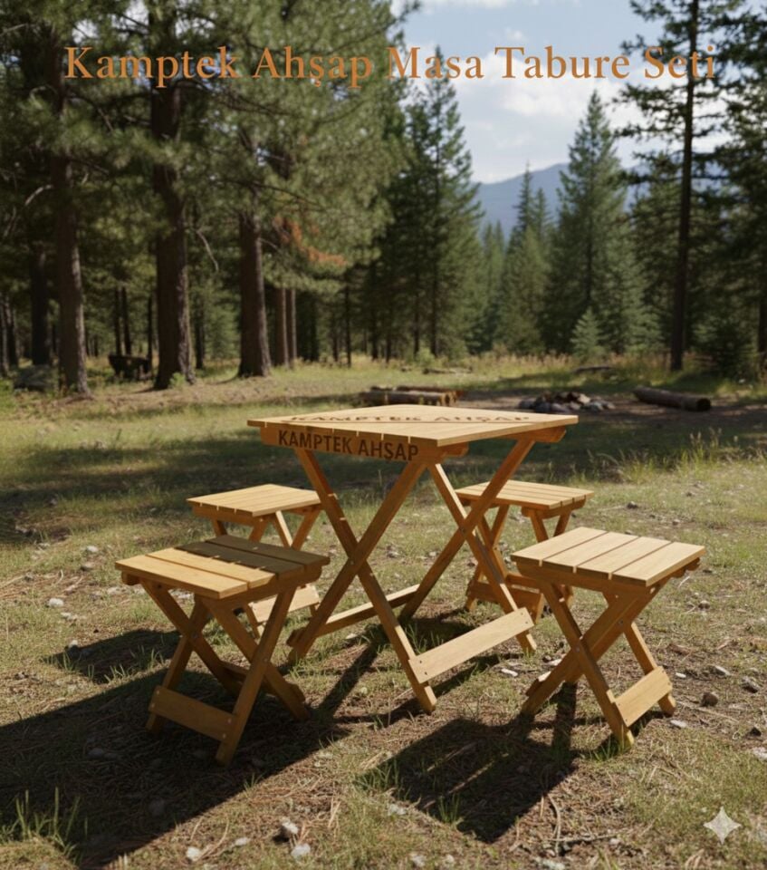 Kamptek Premium Ahşap Katlanabilir Kamp Bahçe Dükkan Masası ve 4’lü Tabure Seti