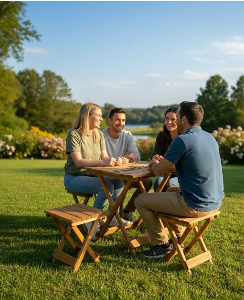 Kamptek Premium Ahşap Katlanabilir Kamp Bahçe Dükkan Masası ve 4’lü Tabure Seti