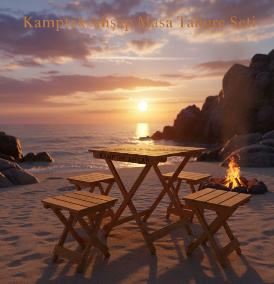 Kamptek Premium Ahşap Katlanabilir Kamp Bahçe Dükkan Masası ve 4’lü Tabure Seti