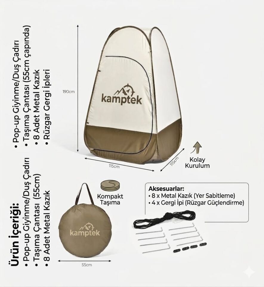 Kamptek Pop-Up Otomatik Giyinme ve Duş Çadırı 190 cm - Portatif Kamp Tuvaleti Kabini ve Plaj Soyunma Çadırı  Kamp Çadırı Kamp Çadırı