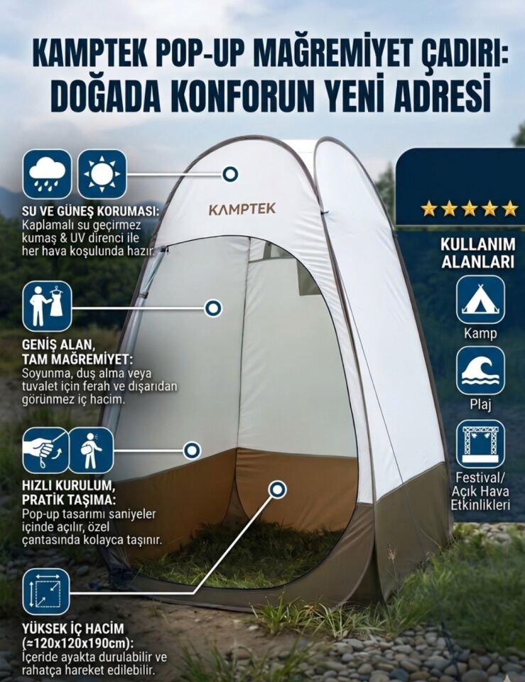 Kamptek Pop-Up Otomatik Giyinme ve Duş Çadırı 190 cm - Portatif Kamp Tuvaleti Kabini ve Plaj Soyunma Çadırı  Kamp Çadırı Kamp Çadırı