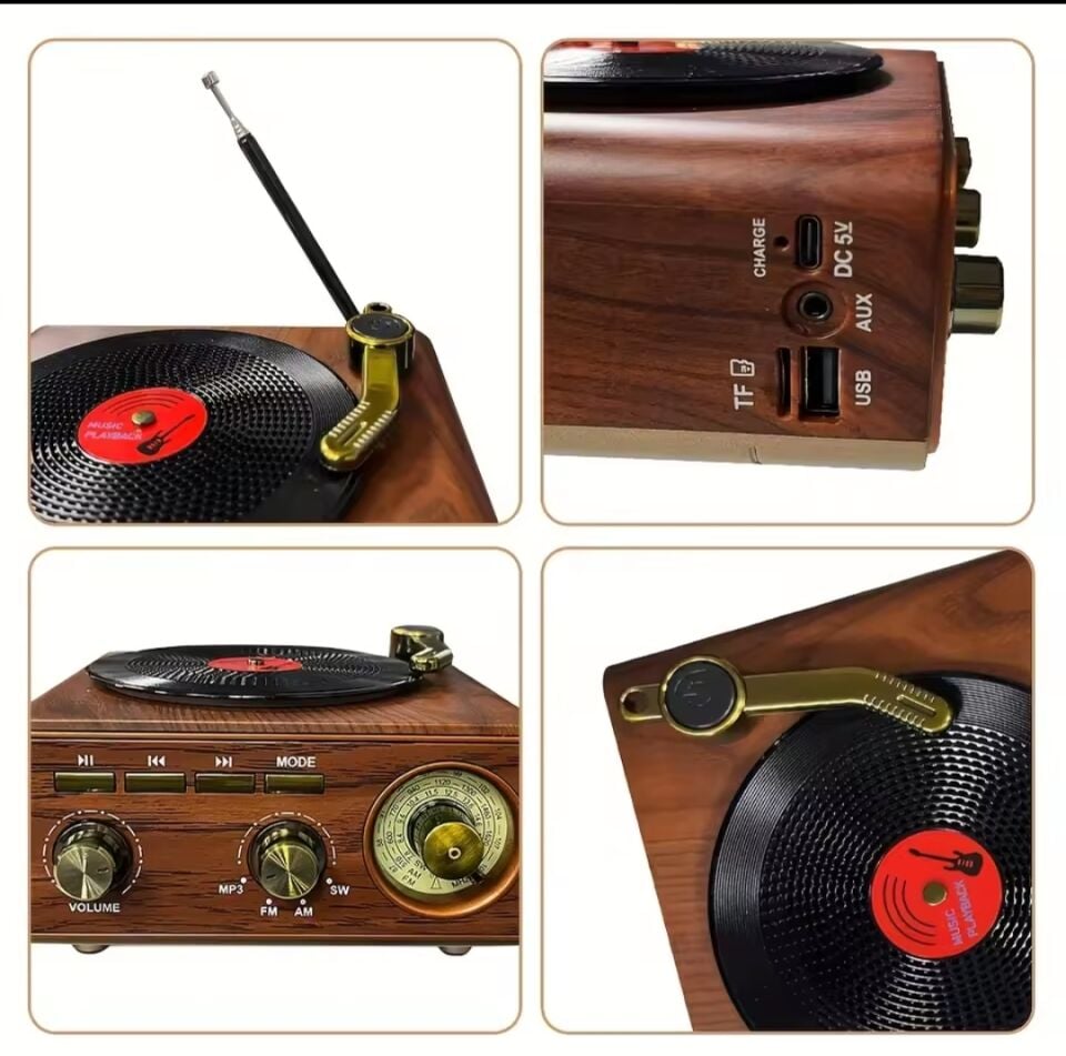 Plak Çalar Görünümlü Tasarım FM Radyo Müzik Çalar USB / AUX / Bluetooth Radyo Özellikli Müzik Çalar