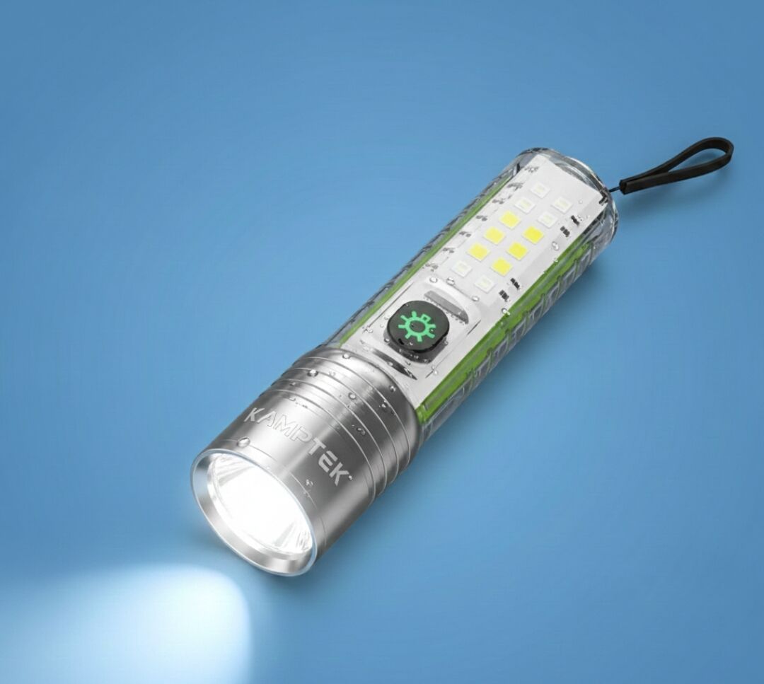 Kamptek Çok Fonksiyonlu Şeffaf Gövdeli LED El Feneri - Su Geçirmez & Şarj Edilebilir Çakarlı Fonksiyonel Avcılık Dağcılık Balıkçılık Feneri