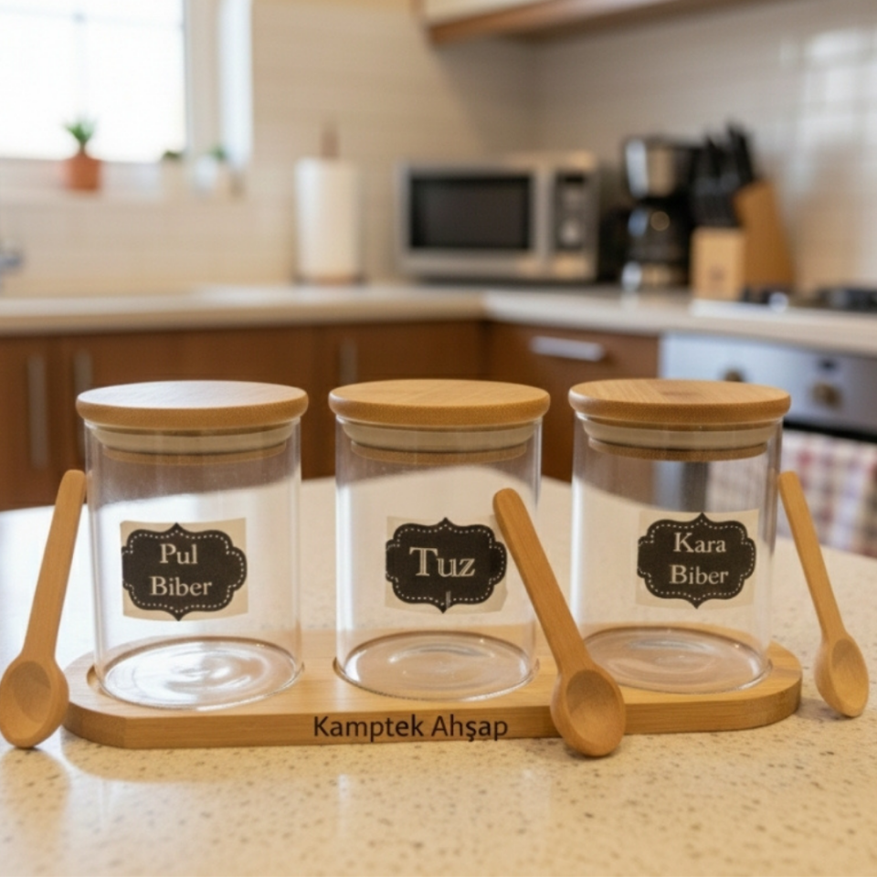 Kamptek Ahşap 3'lü Cam Baharatlık Seti - Bambu Kapaklı Tuz Pul Biber Karabiber Standlı Kaşıklı Mutfak Düzenleyici