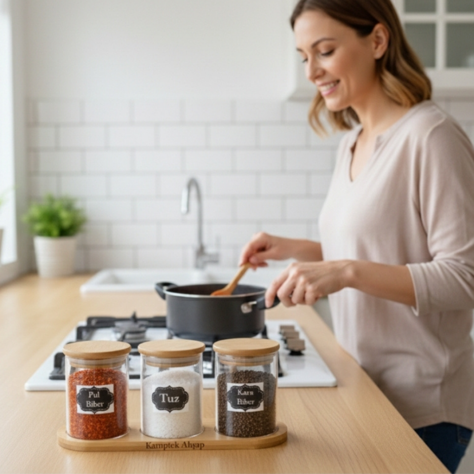 Kamptek Ahşap 3'lü Cam Baharatlık Seti - Bambu Kapaklı Tuz Pul Biber Karabiber Standlı Kaşıklı Mutfak Düzenleyici