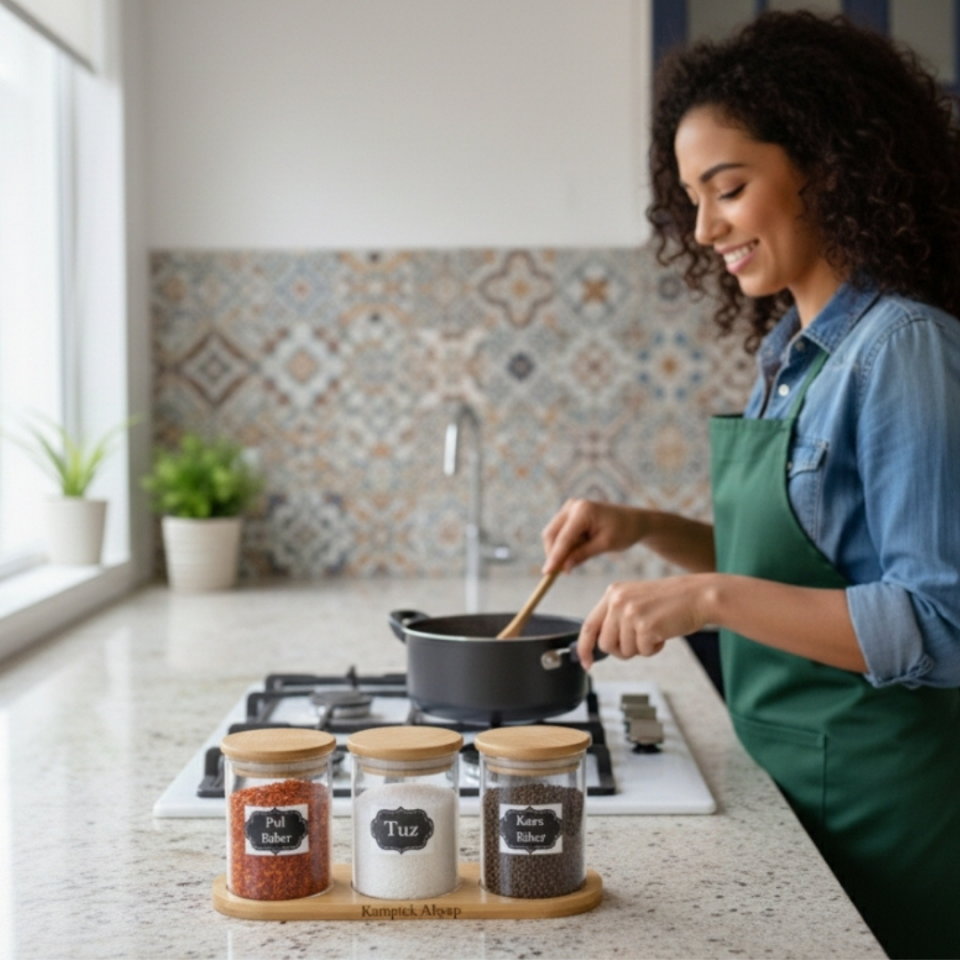 Kamptek Ahşap 3'lü Cam Baharatlık Seti - Bambu Kapaklı Tuz Pul Biber Karabiber Standlı Kaşıklı Mutfak Düzenleyici