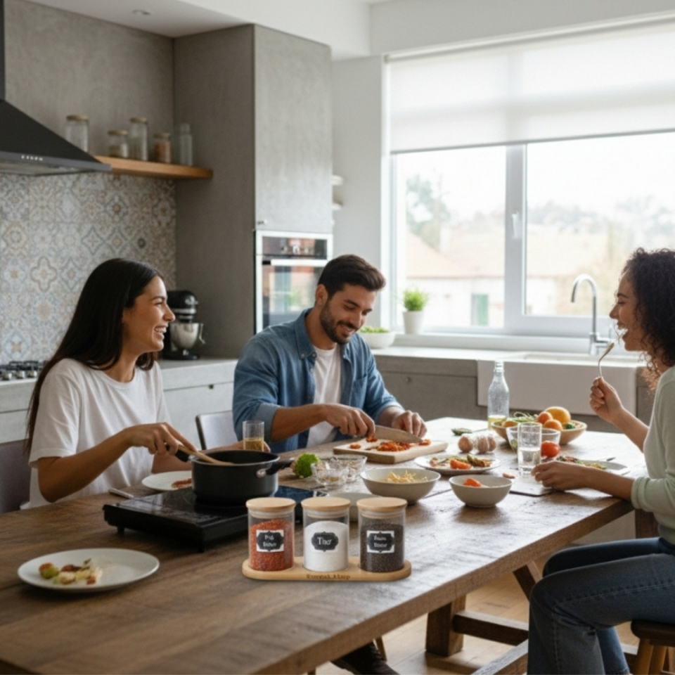 Kamptek Ahşap 3'lü Cam Baharatlık Seti - Bambu Kapaklı Tuz Pul Biber Karabiber Standlı Kaşıklı Mutfak Düzenleyici