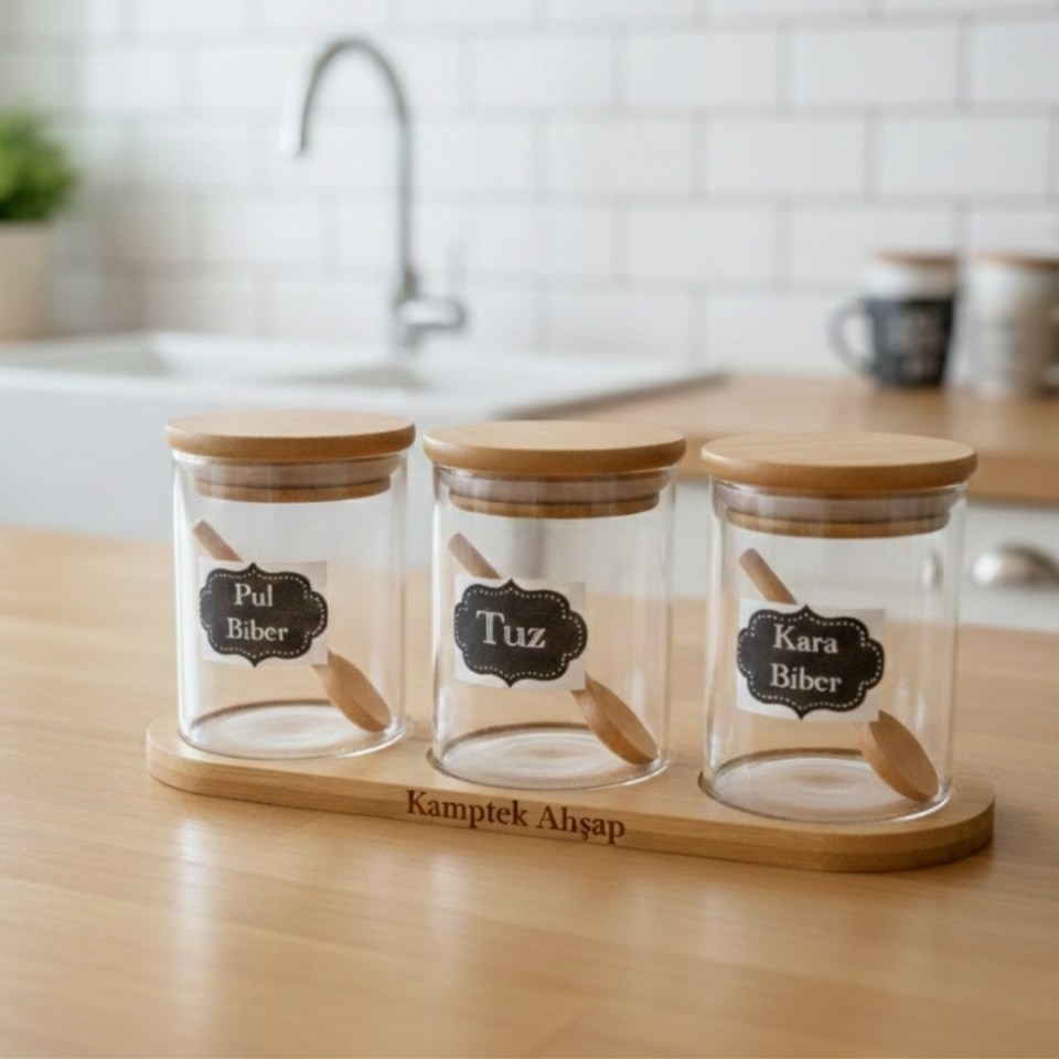 Kamptek Ahşap 3'lü Cam Baharatlık Seti - Bambu Kapaklı Tuz Pul Biber Karabiber Standlı Kaşıklı Mutfak Düzenleyici