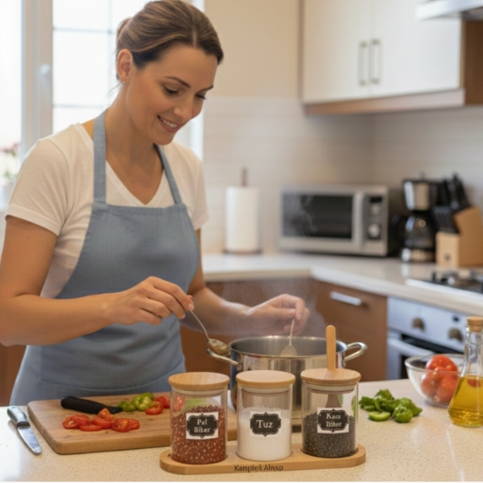Kamptek Ahşap 3'lü Cam Baharatlık Seti - Bambu Kapaklı Tuz Pul Biber Karabiber Standlı Kaşıklı Mutfak Düzenleyici