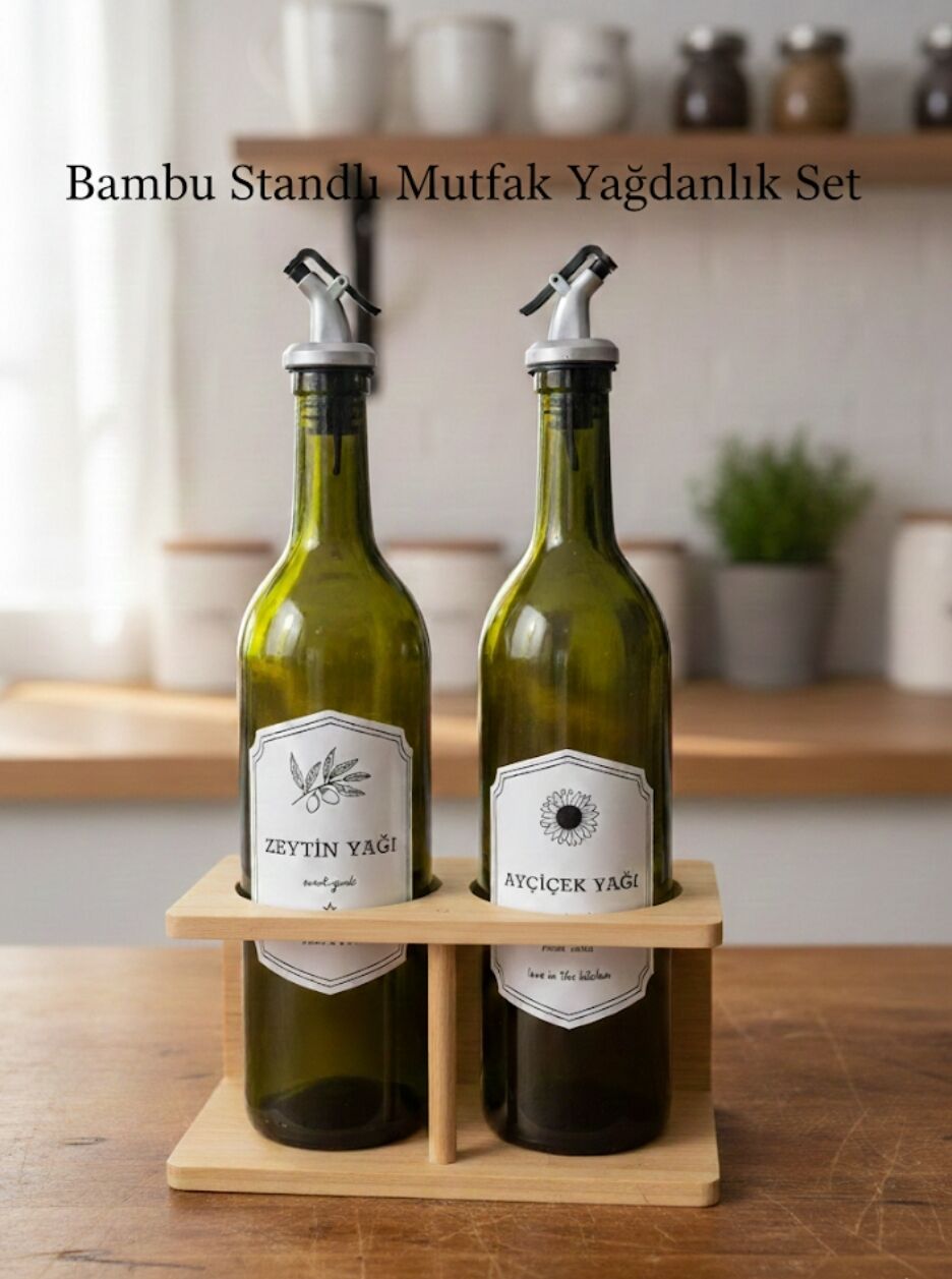 Bambu Standlı 2'li Mutfak Yağdanlık Seti - Zeytinyağı & Ayçiçek Yağı - Damlatmaz Kapak
