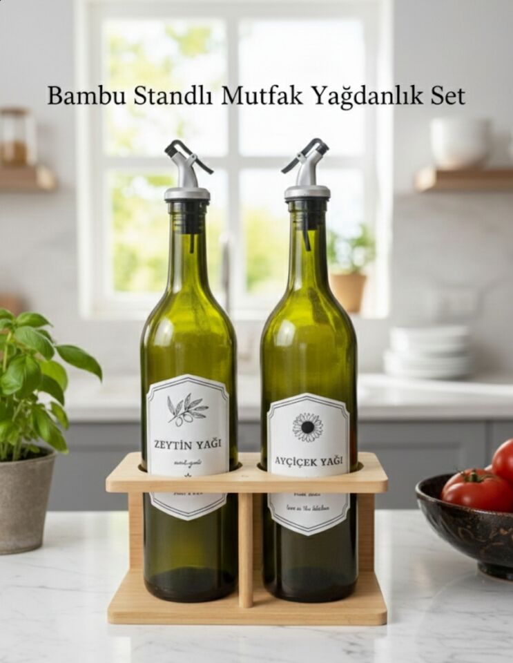 Bambu Standlı 2'li Mutfak Yağdanlık Seti - Zeytinyağı & Ayçiçek Yağı - Damlatmaz Kapak