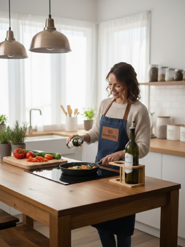 Bambu Standlı 2'li Mutfak Yağdanlık Seti - Zeytinyağı & Ayçiçek Yağı - Damlatmaz Kapak