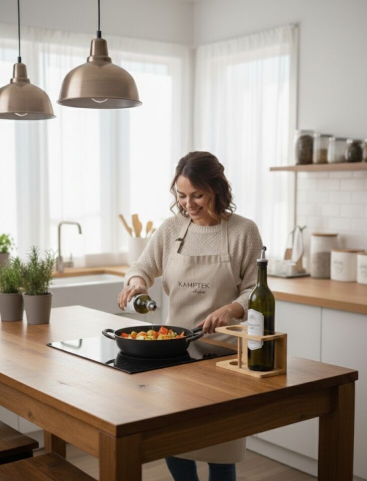 Bambu Standlı 2'li Mutfak Yağdanlık Seti - Zeytinyağı & Ayçiçek Yağı - Damlatmaz Kapak