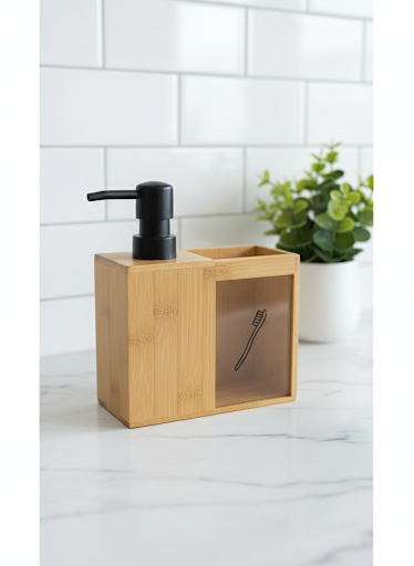 Kamptek Ahşap Bambu Diş Fırçalık & Sıvı Sabunluk Seti – Doğal ve Modern Banyo Organizeri