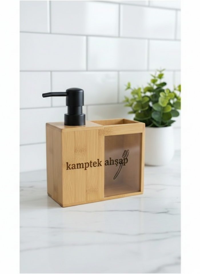 Kamptek Ahşap Bambu Diş Fırçalık & Sıvı Sabunluk Seti – Doğal ve Modern Banyo Organizeri