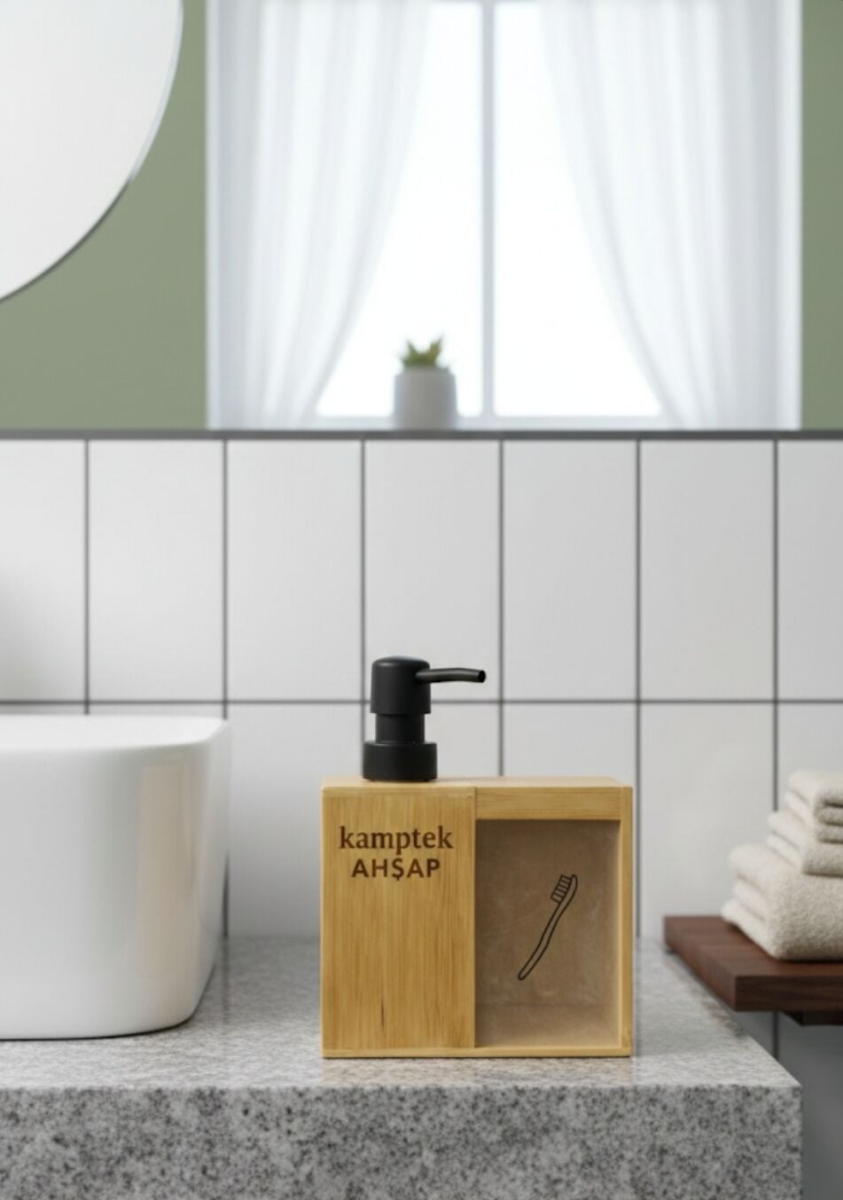 Kamptek Ahşap Bambu Diş Fırçalık & Sıvı Sabunluk Seti – Doğal ve Modern Banyo Organizeri