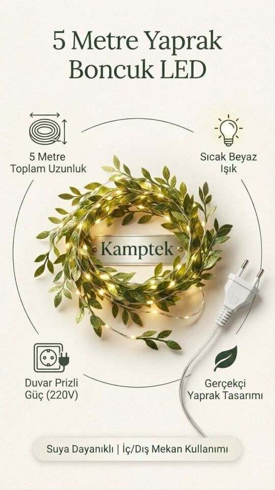 Kamptek 5 Metre Yapraklı Boncuk LED Işık - Sıcak Beyaz Su Geçirmez Dekoratif Duvar Prizli Aydınlatma Dekor Yılbaşı Süsleme Parti Led Işık