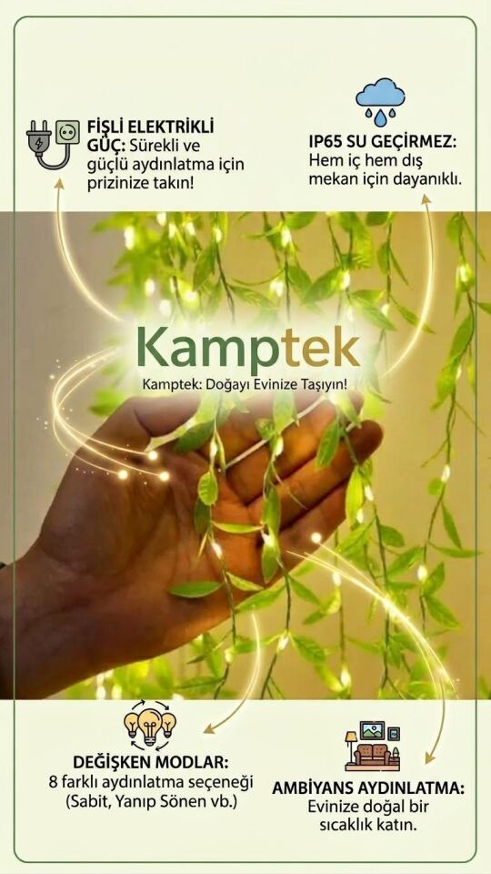 Kamptek 5 Metre Yapraklı Boncuk LED Işık - Sıcak Beyaz Su Geçirmez Dekoratif Duvar Prizli Aydınlatma Dekor Yılbaşı Süsleme Parti Led Işık
