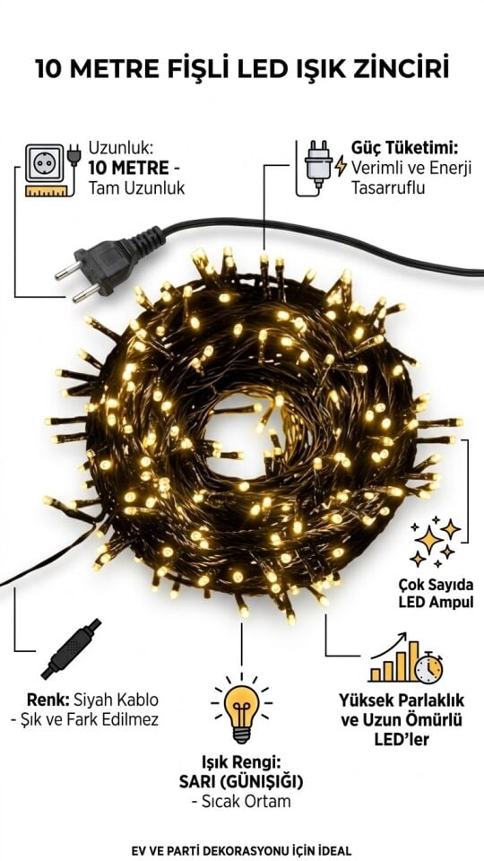 10 Metre Fişli LED Işık Zinciri - Günışığı Sarı LED Dekoratif Aydınlatma (Siyah Kablo)