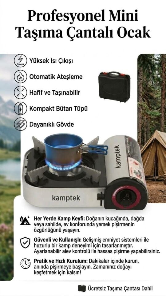 Kamptek Portatif Mini Kamp Ocağı - Çantalı Otomatik Çakmaklı Bütan Gazlı Doğa Ocağı Motorcu Piknik Mini Ocak