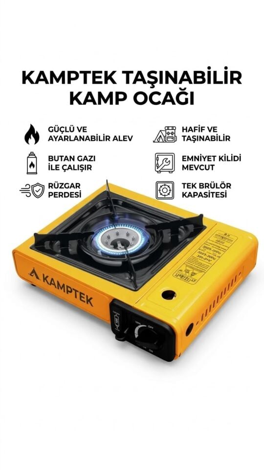 Kamptek Rüzgarlıklı Taşınabilir Kamp Ocağı - Butan Gazlı Emniyet Kilitli Piknik Ocağı Gaz & Tüp Uyumlu