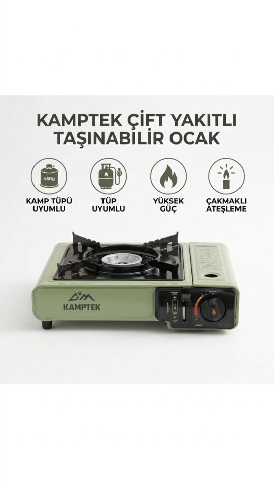 Kamptek Rüzgarlıklı Taşınabilir Kamp Ocağı - Butan Gazlı Emniyet Kilitli Piknik Ocağı Gaz & Tüp Uyumlu