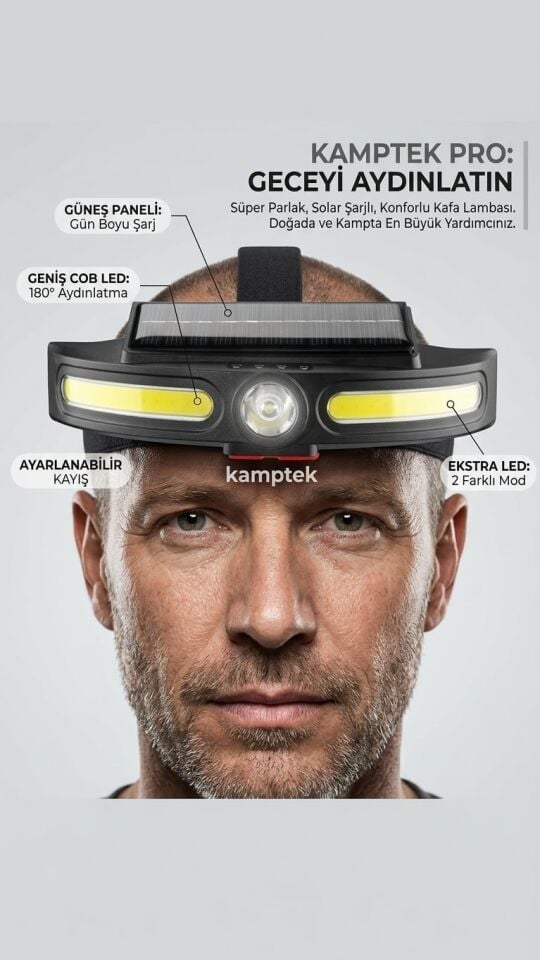 Kamptek Güneş Enerjili Led Kafa Lambası - Type-C Şarjlı, Su Geçirmez Kamp Ve Dağcı Feneri Pro Kafa Feneri Fonksiyonel