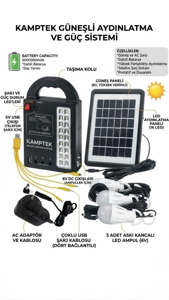 • Kamptek Güneş Enerjili Solar Kamp Aydınlatma Sistemi - Taşınabilir Powerbank Kutulu Güneş Panelli Aydınlatma Kiti, 3 Led Ampullü Set Fonksiyonel Işık Güç Merkezi