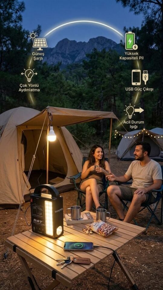 • Kamptek Güneş Enerjili Solar Kamp Aydınlatma Sistemi - Taşınabilir Powerbank Kutulu Güneş Panelli Aydınlatma Kiti, 3 Led Ampullü Set Fonksiyonel Işık Güç Merkezi