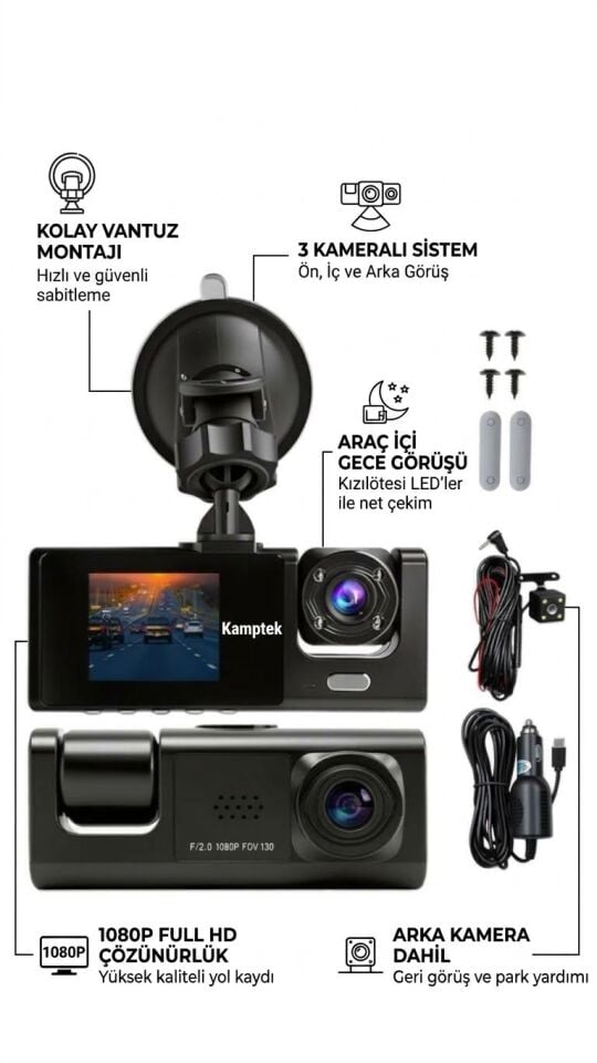 • Kamptek Pro 4K Ultra HD Araç İçi Kamera Seti - 170° Geniş Açı, Gece Görüşlü, G-Sensörlü & 24 Saat Park Modu Çift Kameralı