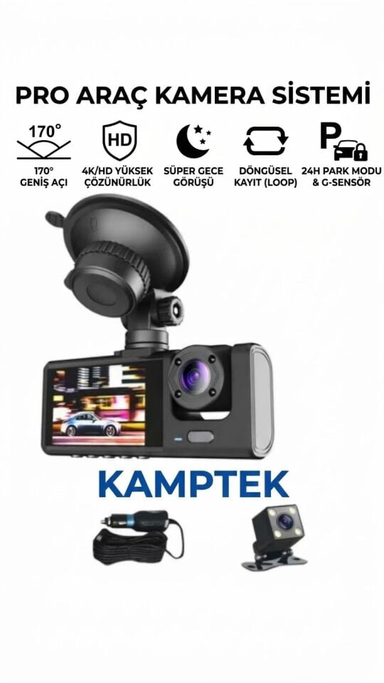 • Kamptek Pro 4K Ultra HD Araç İçi Kamera Seti - 170° Geniş Açı, Gece Görüşlü, G-Sensörlü & 24 Saat Park Modu Çift Kameralı