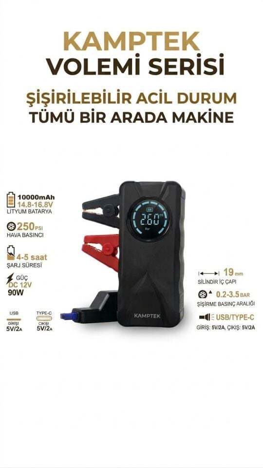 Kamptek Volemi 10000mAh Akü Takviye Cihazı ve 250 PSI Dijital Ekranlı Taşınabilir Lastik Şişirme Kompresörü - Acil Durum Tümü Bir Arada Kit