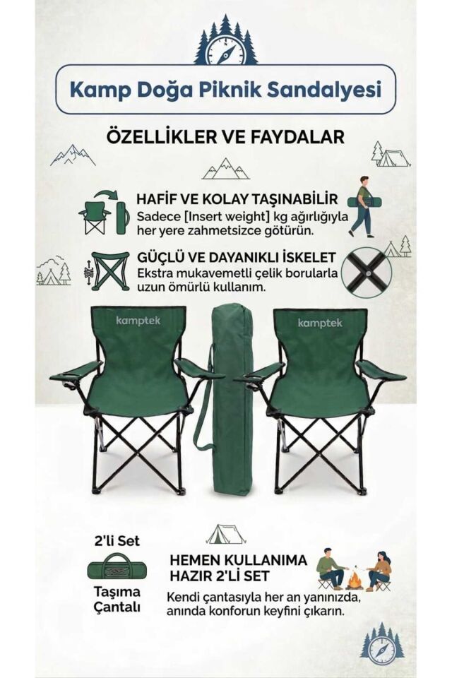 Kamptek Kamp Sandalyesi Seti - Katlanabilir Piknik, Bahçe ve Plaj Sandalyesi - Taşıma Çantalı & Bardaklıklı Sağlam İskelet