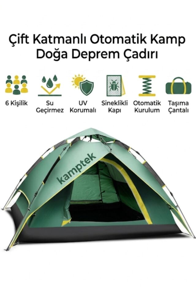 Kamptek Çift Katmanlı 6 Kişilik Otomatik Kamp ve Deprem Çadırı – Pratik Kurulumlu, Su Geçirmez ve Güvenli Açık Hava Çadırı 200*250*150