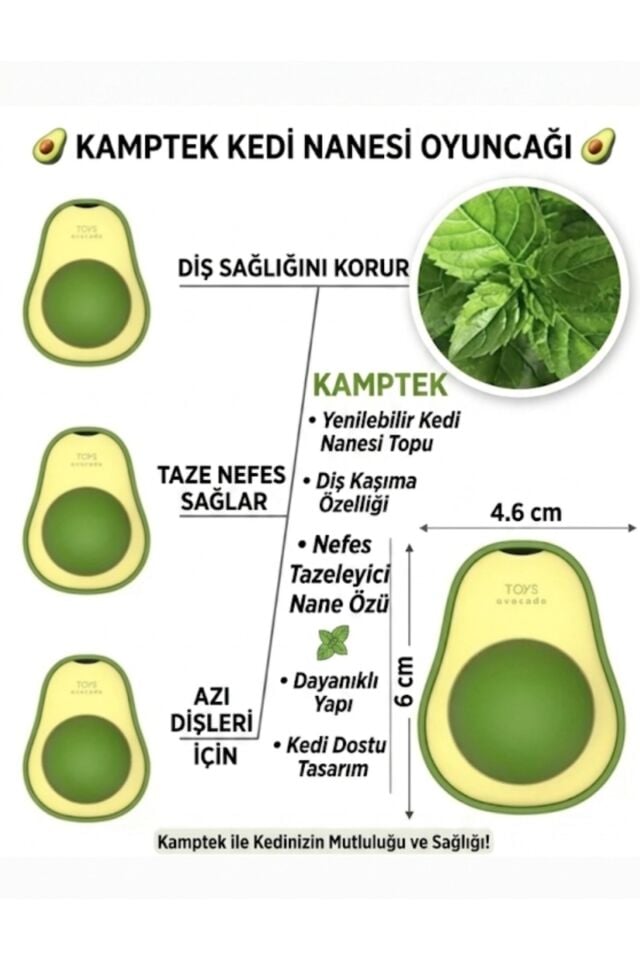 Kamptek Avokado Kedi Nanesi Oyuncağı - Yalenebilir Dönebilen Doğal Catnip Topu Stres Azaltıcı Diş Temizleyici Duvara Yapışan Kedi Oyuncağı