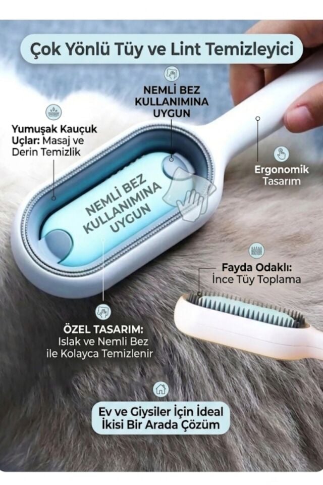 Evcil Hayvan Tüy Toplayıcı Kedi Köpek Tüy Temizleme Fırçası Pratik Islak Mendilli Masaj Etkili Hazneli Tüy Temizleyici Tarak