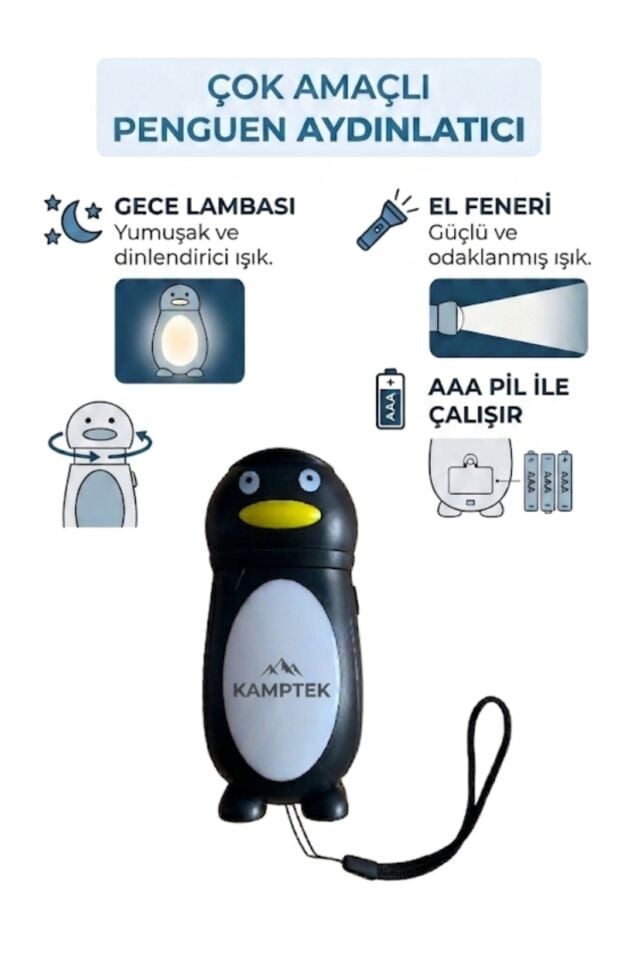 KampTek Minimal Figürlü Hem El Feneri Hem Gece Lambası Kamp Işığı Gece Lambası Sevimli Figürler Pilli Lamba 11*6 cm Askı İpli