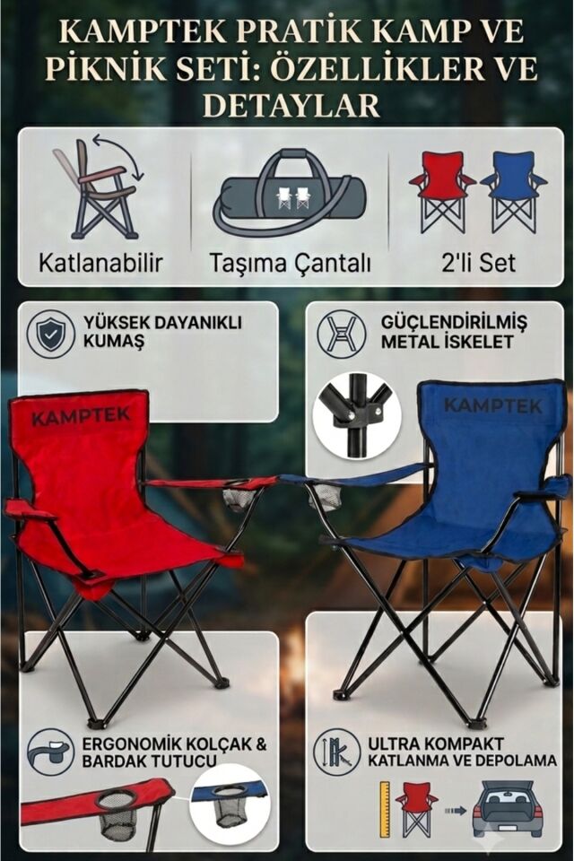 2'li Katlanabilir Kamp Sandalyesi Seti - Taşıma Çantalı Piknik Ve Bahçe Sandalyesi (Yeşil - Mavi ) Sandalye Seti