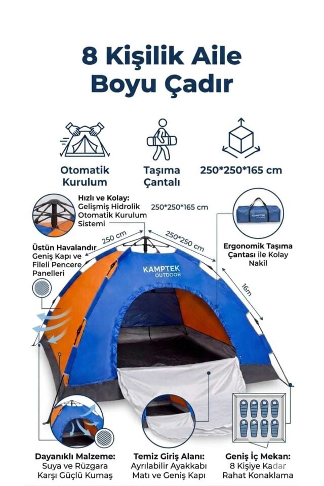 Kamptek Outdoor 8 Kişilik Otomatik Kurulum Kamp Doğa Deprem Acil Durum Çadırı 250x250x165 cm